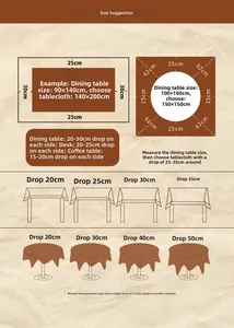 Size guide for thick checkered tablecloth showing measurements and drop length for various tables