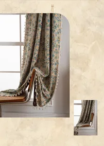 Close-up of American retro floral jacquard curtain with elegant cream ball fringe tassels