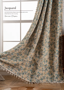 Detail view of American vintage jacquard curtain with floral patterns and white tassels