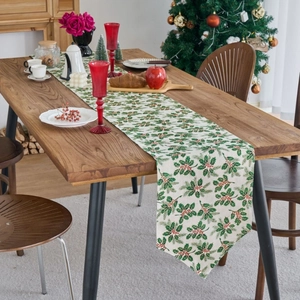 Bronzing Christmas Table Runner Cotton Linen Fabric Holly Leaves Berry Pattern Tablecloth For Dining Table Kitchen Party Home Decor