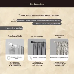 Detail guide showing curtain size calculation and installation methods for hooks and rings