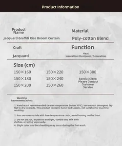 Detailed size chart and washing guide for geometric jacquard curtains in mixed cotton