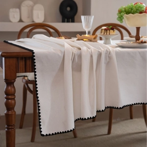 French Style White Tablecloth With Black Scalloped Edge Polyester Cotton Embroidery Dustproof Rectangular Desk Cover
