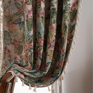 Vintage floral bird jacquard curtain with elegant cream tassels for home decor