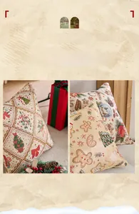Dettaglio di cuscini jacquard natalizi con motivi di alberi e omini di pan di zenzero