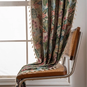 Floral and bird jacquard curtain with tassels in a vintage pastoral style setting