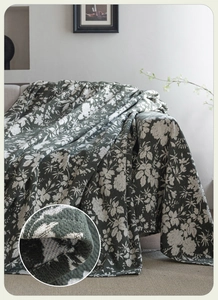 Close-up of thick jacquard forest green floral throw blanket with double-sided fabric detail