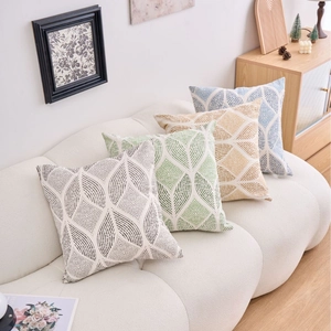 Set of four geometric leaf print pillow covers in grey green ginger and blue tones