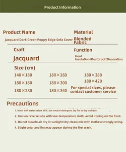 Detailed size chart for dark green poppy floral jacquard sofa throw in multiple sizes