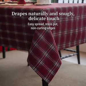 Thick burgundy plaid tablecloth with tartan pattern and premium textured fabric finish