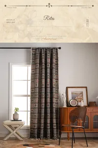 Detail of American retro geometric jacquard curtain fabric with handmade tassels