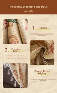 Detailed jacquard fabric showing gold gingerbread man print and fringe trim