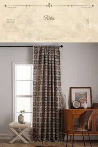Detail of American retro jacquard curtain with geometric patterns and handmade tassels