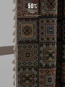 Detail view of geometric jacquard curtain fabric with fringe trim and 50% shading degree