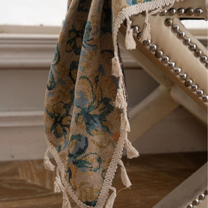 Vintage jacquard curtain with floral bird patterns, ginger yellow fabric and white tassels