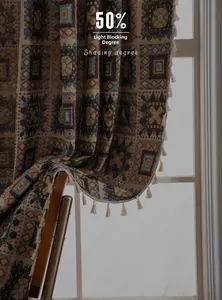 Detail view of ethnic geometric printed curtain with 50% shading and beige fringe trim