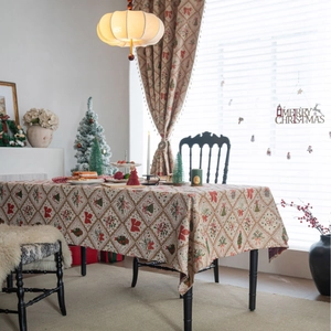 Christmas Jacquard Tablecloth Rectangular Metallic Gold Silk Holiday Pattern Red Green Bow Gingerbread Table Cover For Dining Party
