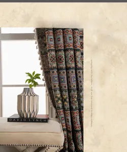 Detail of vintage geometric jacquard curtain with elegant fringe tassels and cotton texture