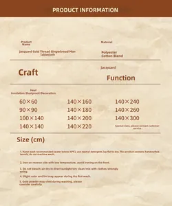 Detailed size chart and washing guide for gingerbread jacquard Christmas tablecloth