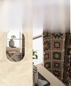 Detail of bohemian geometric jacquard curtain fabric with decorative white fringe tassels