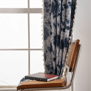 French country style blue floral print curtain with fringe trim and jacquard texture
