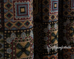 Macro shot of geometric diamond jacquard weave fabric with bohemian patterns and rich texture