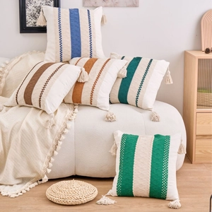 Bohemian Geometric Striped Throw Pillowcase With Tassels Modern Minimalist Knitted Cotton Linen Decorative Cushion Cover For Sofa