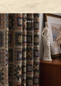 Close-up of geometric jacquard curtain fabric showing heavy texture and woven patterns