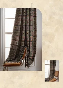 Detail of American retro geometric jacquard fabric with white tassels for window decor