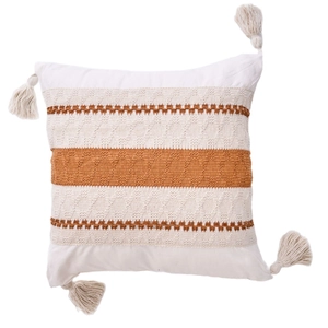 Bohemian geometric striped square cushion cover with orange wavy knit and corner tassels