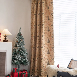 Christmas Gingerbread Man Jacquard Curtain Polyester Cotton Semi Shading Beige American Retro Xmas Tree Snowflake Window Drape For Living Room Decor