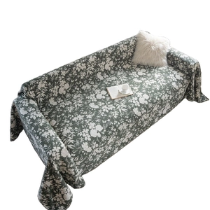 Thick floral pattern sofa cover throw in deep grey-green with white botanical designs