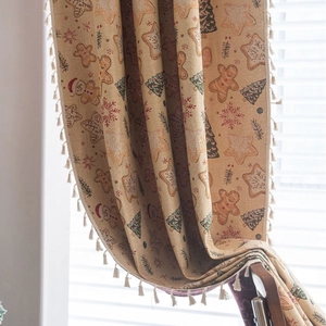 Christmas curtains with gingerbread man and tree jacquard, woven beige fabric with tassels