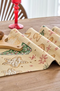 Detailaufnahme des Weihnachts-Tischläufers mit Lebkuchenmann-Motiv und Jacquard-Muster