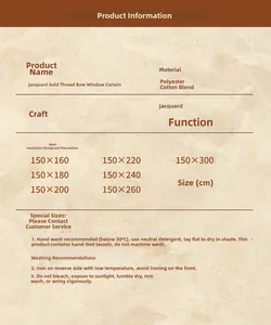 Detail of Jacquard curtain specs and care instructions for cotton blend window drapes