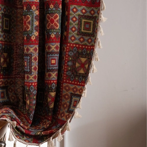Ethnic geometric jacquard curtain with colorful patterns and delicate white tassels