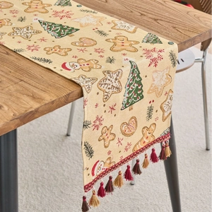 Weihnachten Lebkuchenmann Jacquard Tischläufer Mit Goldseide Quasten Retro Festlich Polyester Baumwolle Esstisch Deko