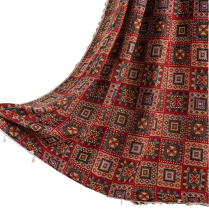 Red bohemian geometric jacquard curtain with elegant woven fringe for home windows