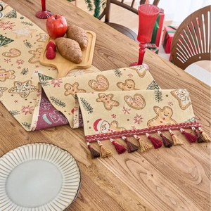 Weihnachts-Tischläufer mit Lebkuchenmann-Jacquard-Muster und festlichen bunten Quasten