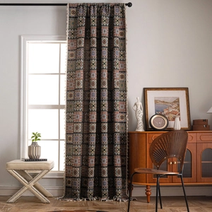 Bohemian geometric jacquard window curtains with tassel trim in colorful diamond patterns