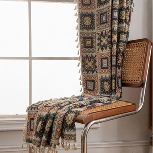 American Retro Bohemian Geometric Square Jacquard Curtain With Tassels Half Shading Window Curtain For Living Room Kitchen Home Decor