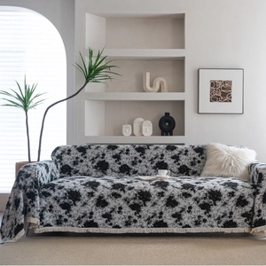 Couverture de canapé épaisse à fleurs noires et blanches avec franges décoratives