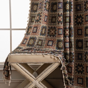 Bohemian jacquard curtains with geometric square patterns and decorative fringe details