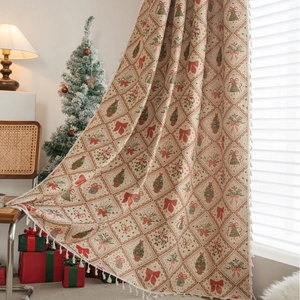 Christmas Jacquard Curtains With Tassels American Vintage Polyester Cotton Gold Thread Bow Tree Pattern Semi-Blackout Window Drapes