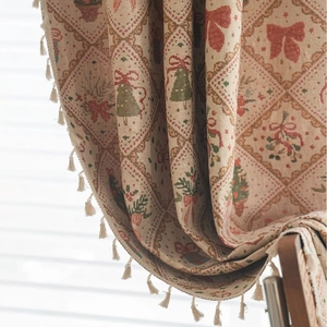 Christmas jacquard curtain with bow patterns and tassel edges in metallic beige gold