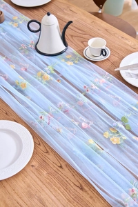 Detail of light blue lace table runner with floral embroidery and cursive text
