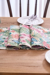 Detail of Nordic jacquard table runner with colorful floral and butterfly patterns