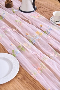 Detail showing colorful floral embroidery and Summer lettering on pink lace mesh table runner