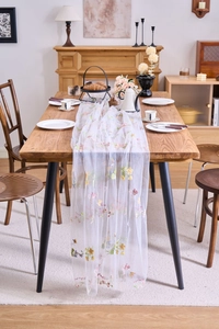 Detailed close-up of delicate floral embroidery on translucent white lace table runner