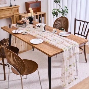French vintage lace table runner with colorful floral embroidery on cream mesh fabric